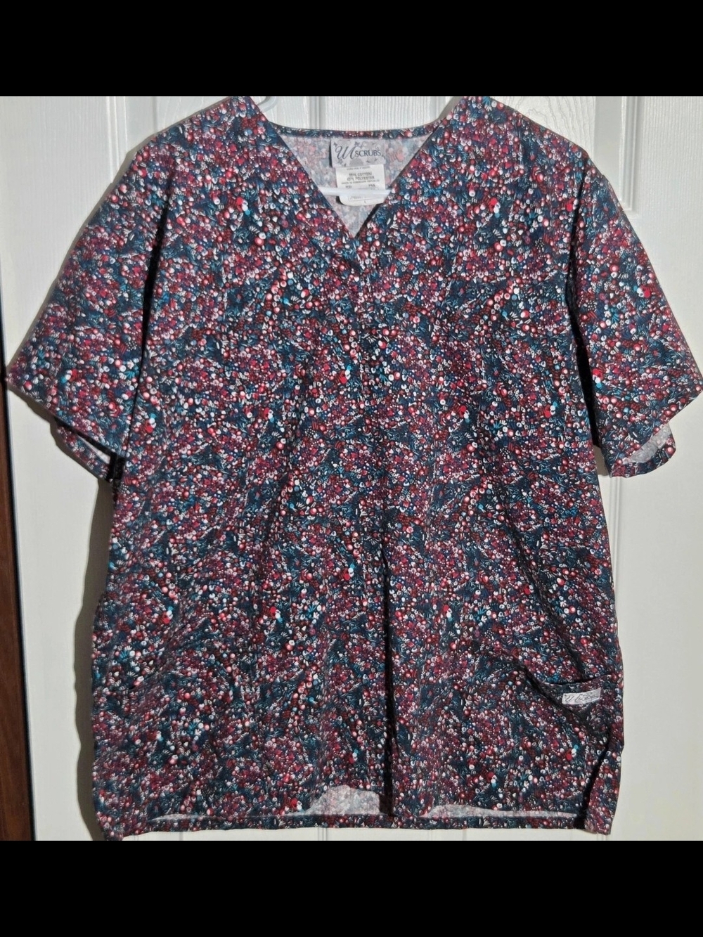 Scrub Top Floral V-Neck Womans Short Sleeve Shirt - Burgundy Teal White